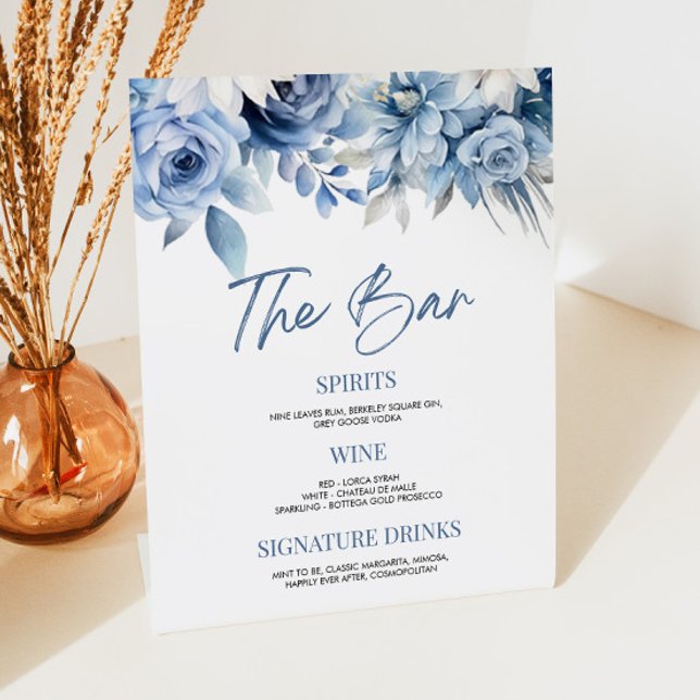 Elegant Dusty Blue Floral Wedding Bridal Bar Pedestal Sign (Creator Uploaded)