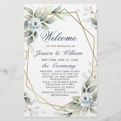 Elegant Dusty Blue Floral Wedding Ceremony Program