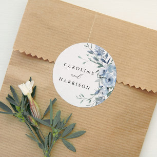 Elegant Dusty Blue Floral Wedding  Classic Round Sticker