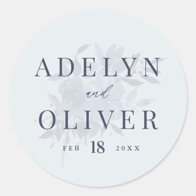 Elegant Dusty Blue Floral Wedding  Classic Round Sticker (Front)