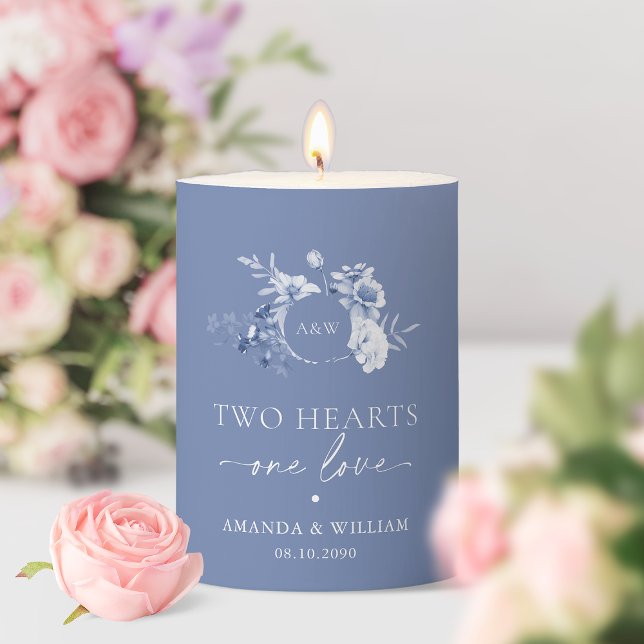 Elegant Dusty Blue Floral Wedding Design Pillar Candle (Creator Uploaded)