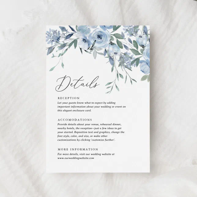 Elegant Dusty Blue Floral Wedding Details Enclosure Card | Zazzle