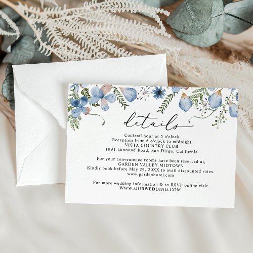 Elegant Dusty Blue Floral Wedding Details Enclosure Card