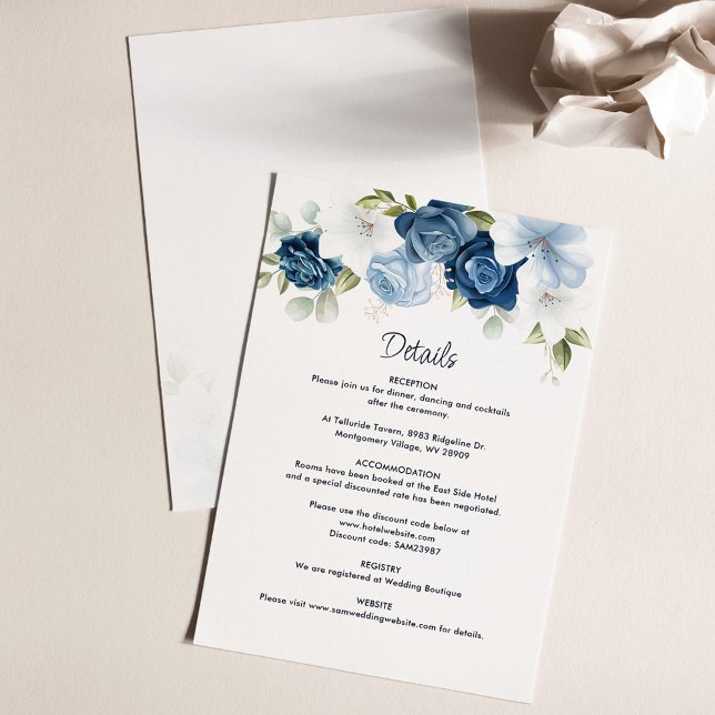 Elegant Dusty Blue Floral Wedding Details Enclosure Card (Dusty Blue Floral Script Wedding Details Card)
