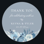 Elegant Dusty Blue Floral Wedding Favor Classic Round Sticker<br><div class="desc">Chic watercolor flowers and botanical branches in shades of dusty and navy blue,  personalized wedding favor sticker. Background shown in,  dusty blue,  can be customized. Designed to match our Elegant Shades of Blue Watercolor Floral Collection.</div>