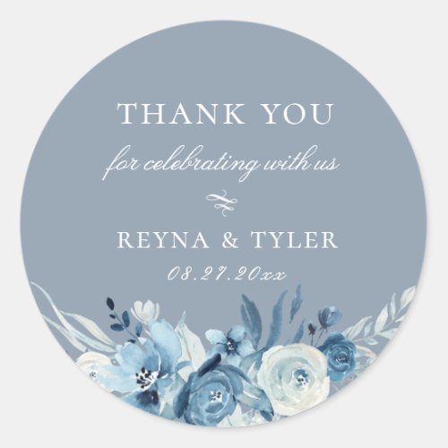 Elegant Dusty Blue Floral Wedding Favor Classic Round Sticker