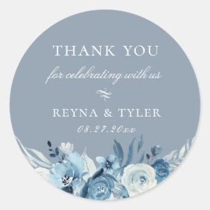 Elegant Dusty Blue Floral Wedding Favor Classic Round Sticker