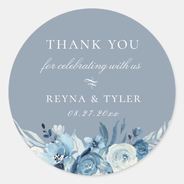 Elegant Dusty Blue Floral Wedding Favor Classic Round Sticker (Front)