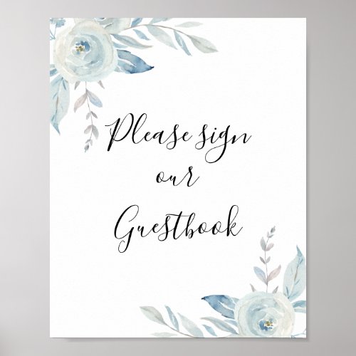 elegant dusty blue floral wedding guestbook sign