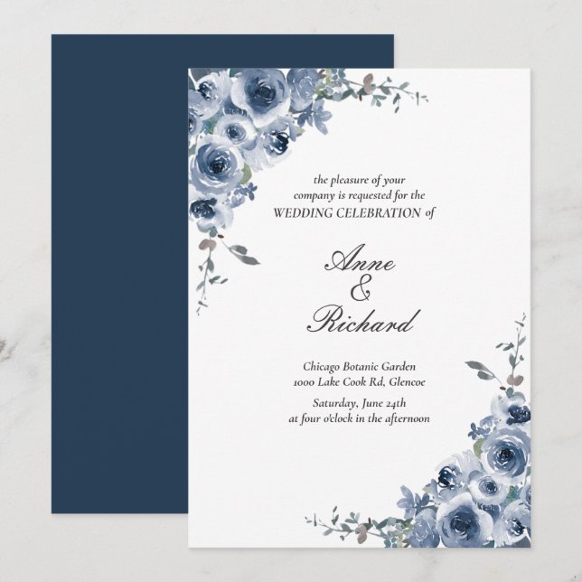 Elegant Dusty Blue Floral Wedding Invitation (Front/Back)
