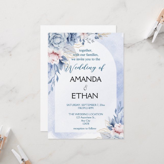 Elegant dusty blue floral wedding invitation (Front/Back In Situ)