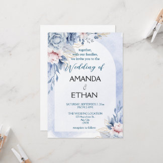 Elegant dusty blue floral wedding invitation