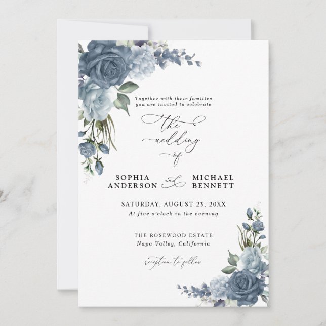 Elegant Dusty Blue Floral Wedding Invitation (Front)
