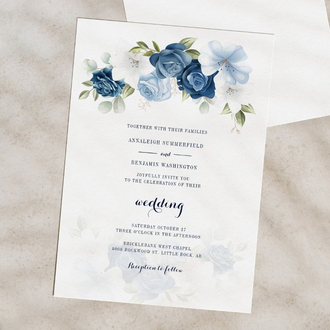 Elegant Dusty Blue Floral Wedding Invitation (Floral Dusty Blue Bloom Script Wedding Invitation)