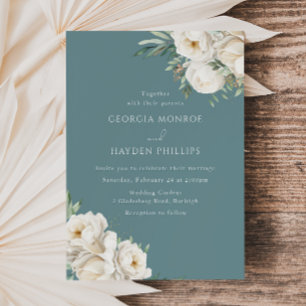 Elegant Dusty Blue & Floral Wedding Invitation