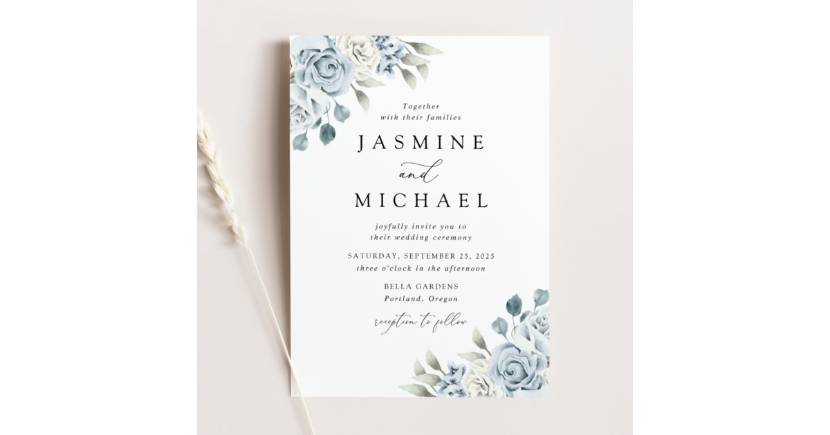 Elegant Dusty Blue Floral Wedding Invitation | Zazzle
