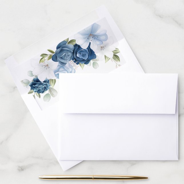 Elegant Dusty Blue Floral Wedding Invitation Envelope Liner (Desk)