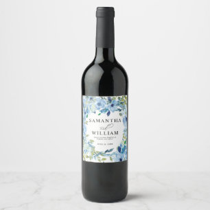 Elegant Dusty Blue Floral Wedding Invitation Wine Label