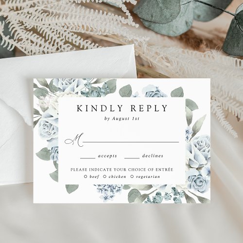 Elegant Dusty Blue Floral Wedding Meal Choice RSVP Card