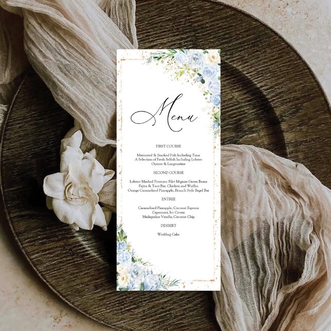 Elegant Dusty Blue Floral Wedding Menu (Creator Uploaded)