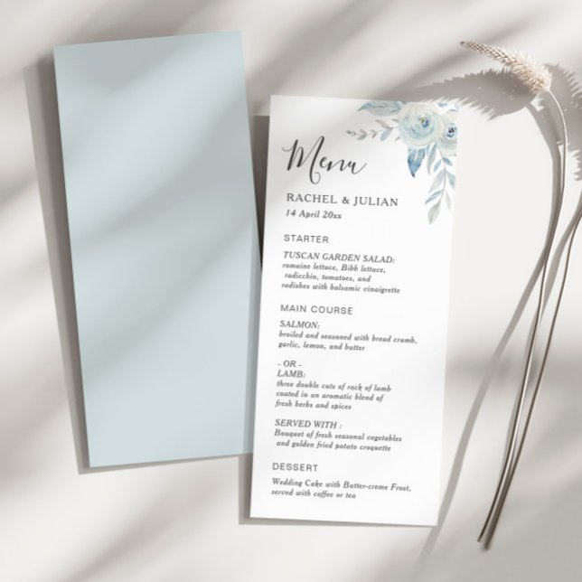 elegant dusty blue floral wedding menu (Creator Uploaded)