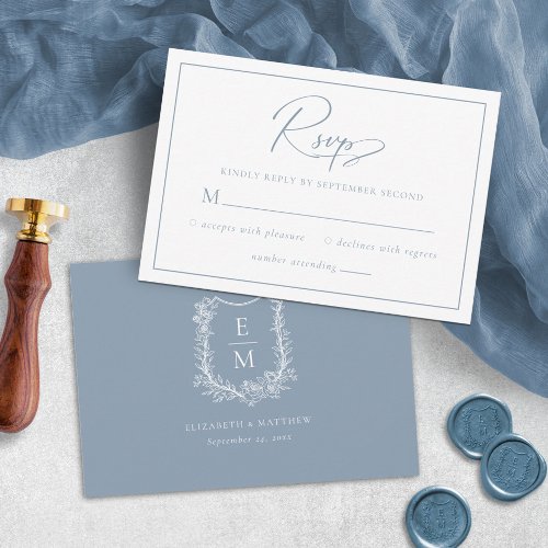 Elegant Dusty Blue Floral Wedding Monogram Crest RSVP Card