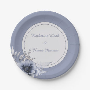 Elegant Dusty Blue Floral Wedding Paper Plates