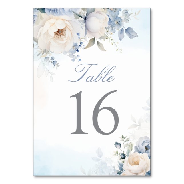 Elegant Dusty Blue Floral Wedding Personalized  Table Number (Front)