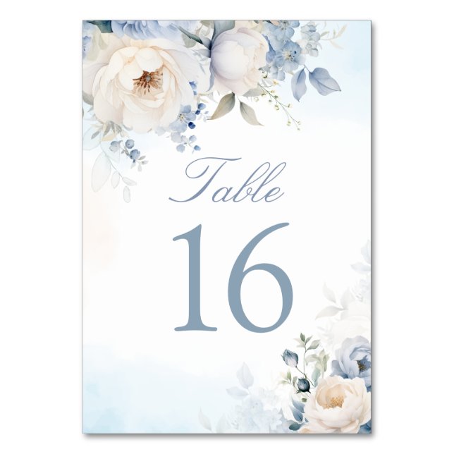 Elegant Dusty Blue Floral Wedding Personalized  Table Number (Front)
