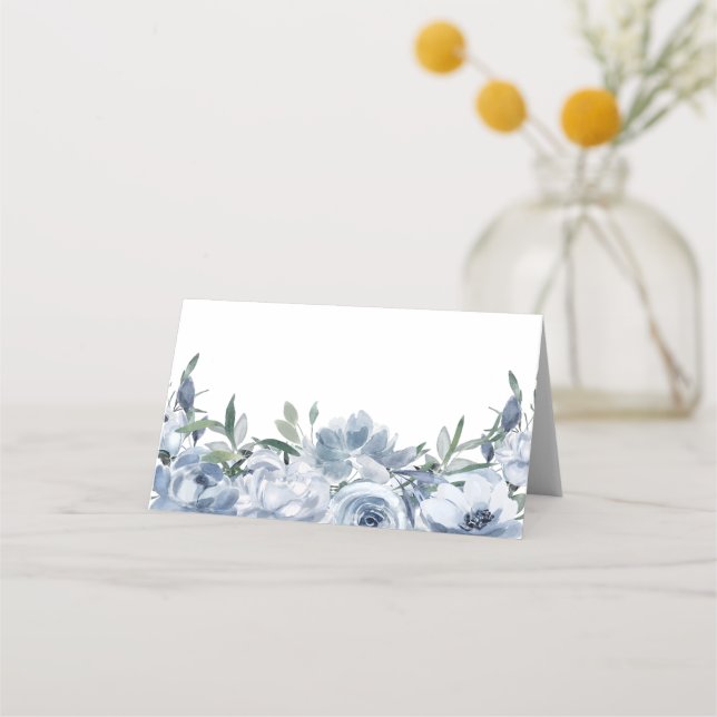 Elegant Dusty Blue Floral Wedding Place Card (Front)