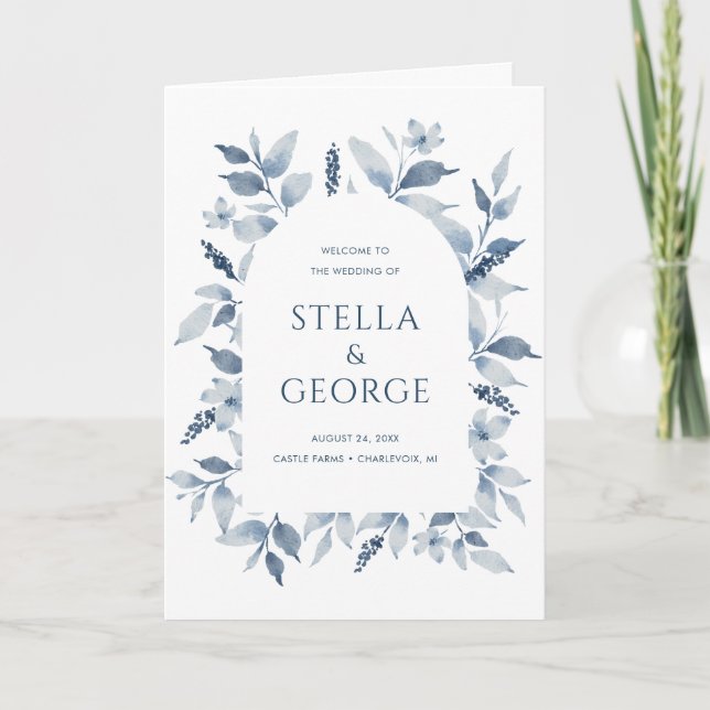 Elegant Dusty Blue Floral Wedding Program (Front)