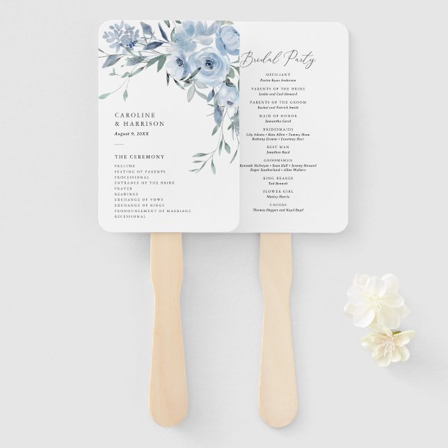 Elegant Dusty Blue Floral Wedding Program Hand Fan (Front and Back)