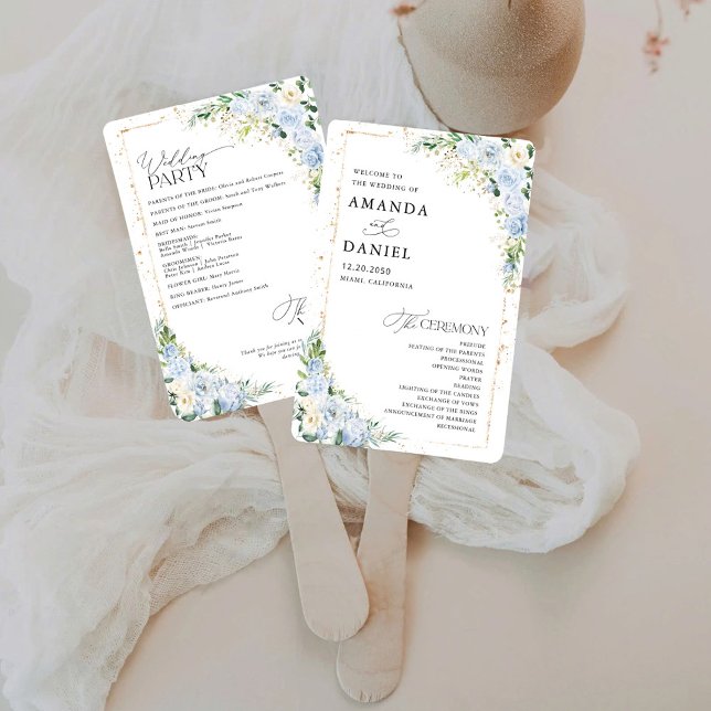 Elegant Dusty Blue Floral Wedding Program Hand Fan (Creator Uploaded)
