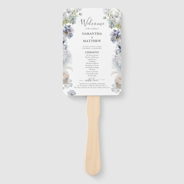 Elegant Dusty Blue Floral Wedding Program Hand Fan (Front)