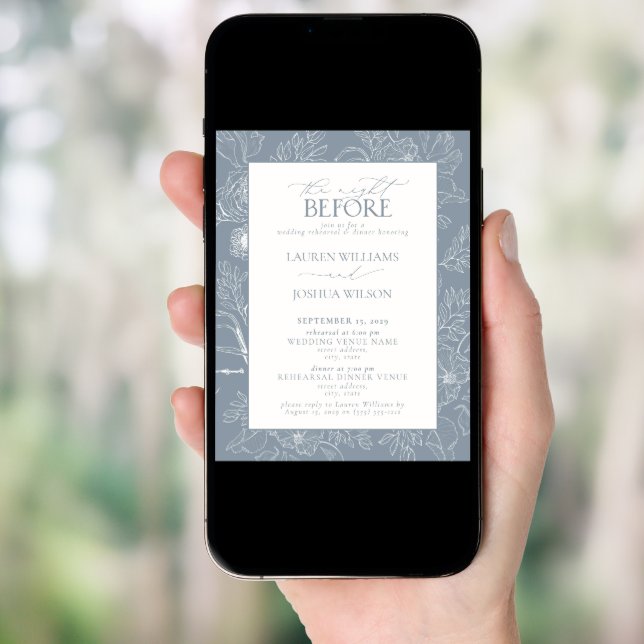 Elegant Dusty Blue Floral Wedding Rehearsal Dinner Invitation (Front Digital)