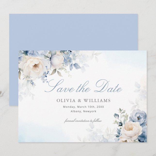 Elegant Dusty Blue Floral Wedding Save The Date (Front/Back)