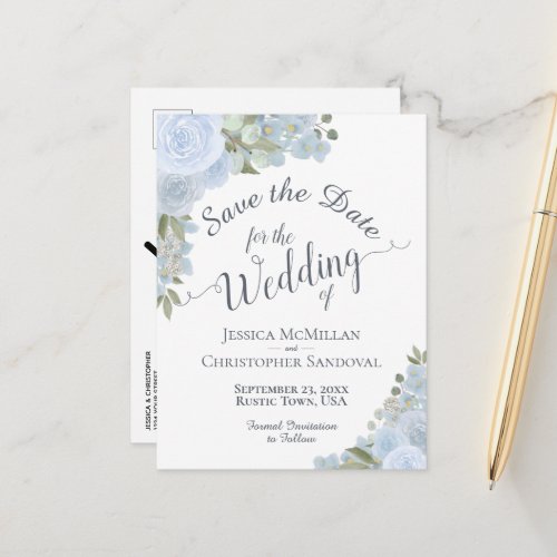 Elegant Dusty Blue Floral Wedding Save the Date Announcement Postcard