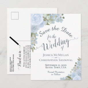 Elegant Dusty Blue Floral Wedding Save the Date Announcement Postcard