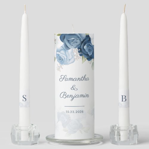 Elegant Dusty Blue Floral Wedding Script Unity Candle Set