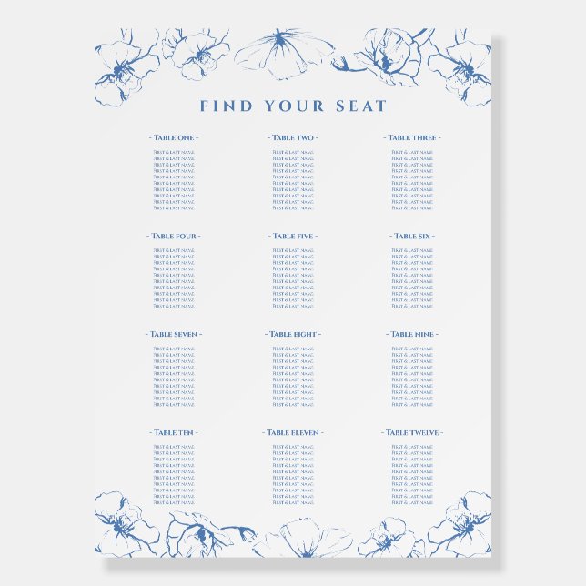 Elegant Dusty Blue Floral Wedding Seating Chart Foam Board (Front)