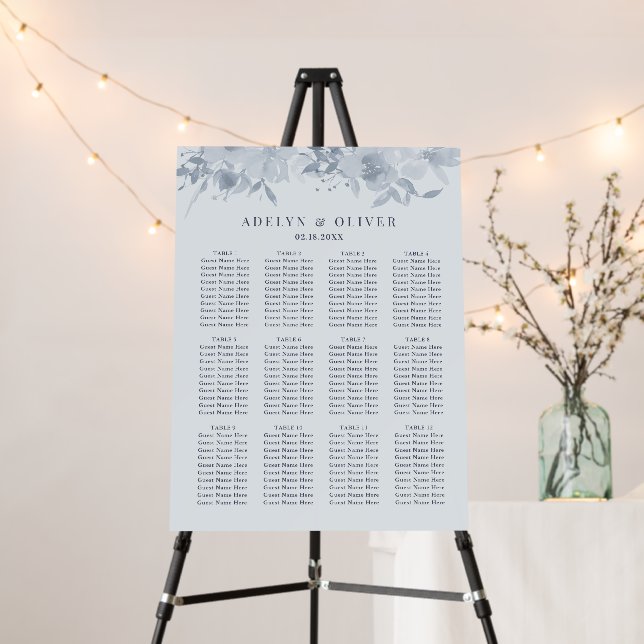 Elegant Dusty Blue Floral Wedding Seating Chart Foam Board (In Situ (Stand))
