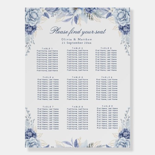 Elegant Dusty Blue  Floral wedding seating chart Foam Board