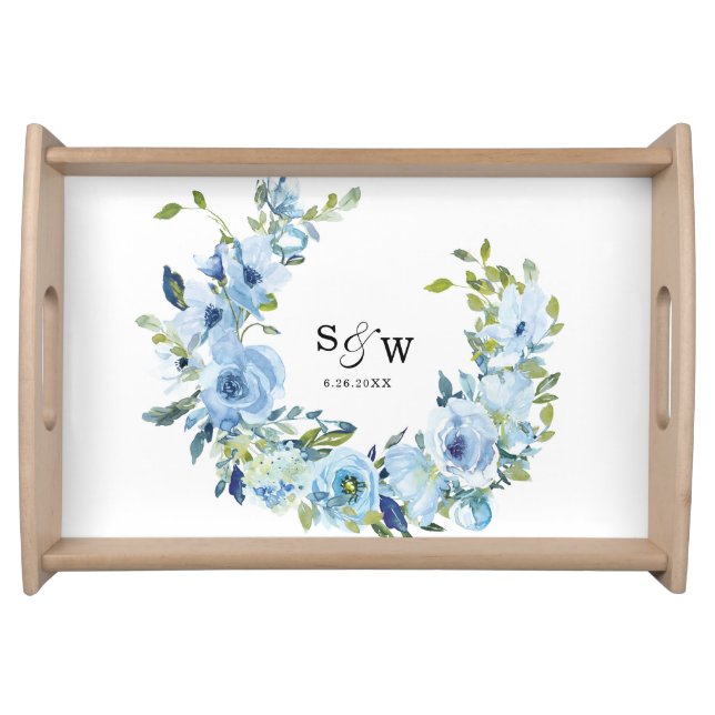 Elegant Dusty Blue Floral Wedding Serving Tray (Front)