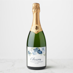 Elegant Dusty Blue Floral Wedding Sparkling Wine Label