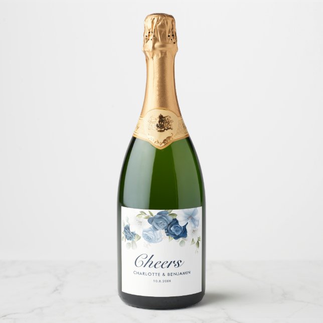 Elegant Dusty Blue Floral Wedding Sparkling Wine Label (Front)