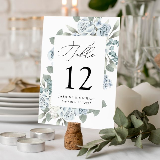Elegant Dusty Blue Floral Wedding Table Number (Creator Uploaded)