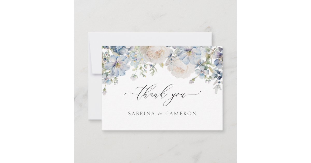 Elegant Dusty Blue Floral Wedding Thank You Card | Zazzle
