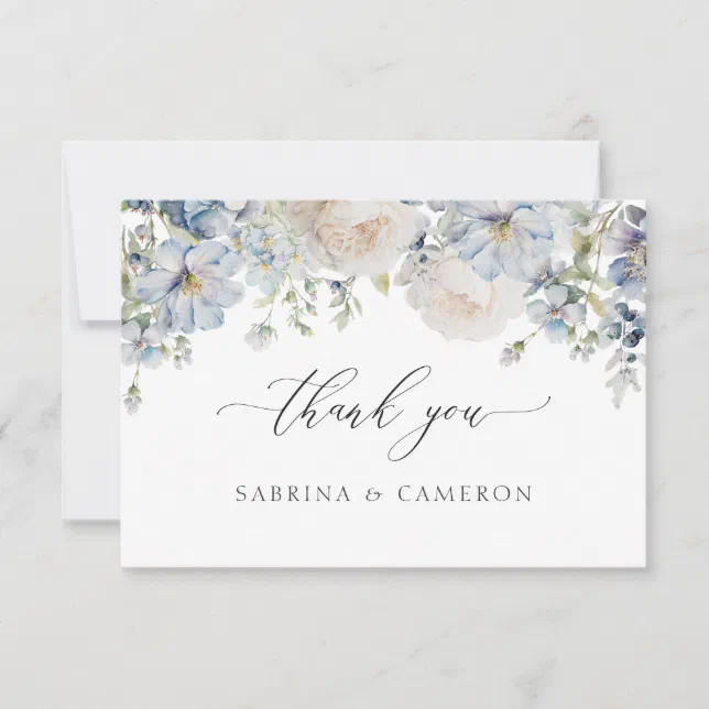Elegant Dusty Blue Floral Wedding Thank You Card | Zazzle