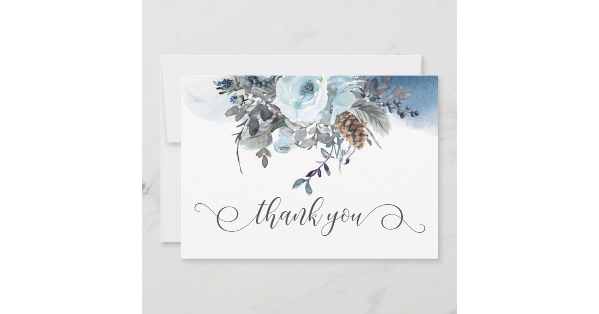 Elegant Dusty Blue Floral Wedding Thank You Card | Zazzle