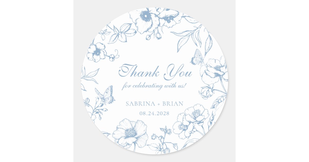 Elegant Dusty Blue Floral Wedding Thank You Classic Round Sticker | Zazzle
